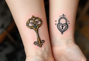 One has a vintage golden key with intricate filigree, and the other a heart-shaped lock in black and gray, matching on wrists or forearms. tattoo idea