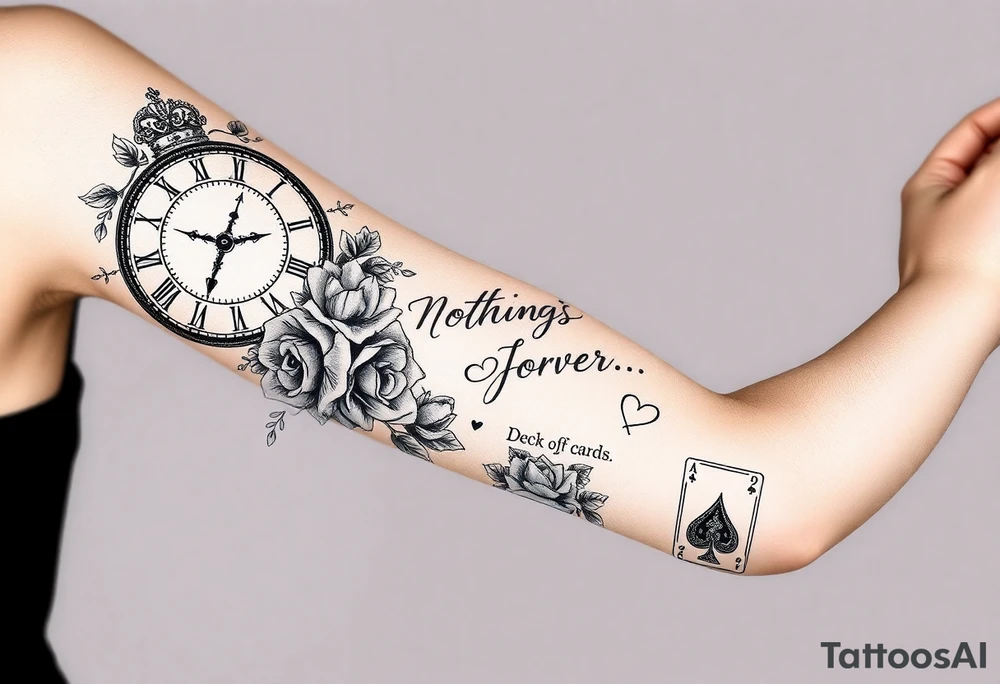 Roman clock with roses and a crown, a quote that says nothings forever. and on the bottom a deck of cards tattoo idea