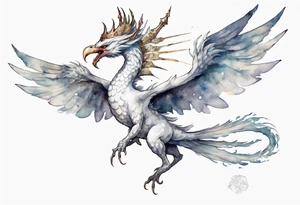 a white bird-wyrm hybrid, wearing a pewter crown on its head, flying in the air tattoo idea