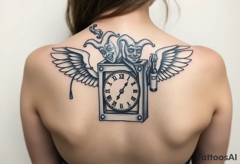 jack in the box tattoo with
the box as a clock with the time 420
two open wings besides the clock
smoke as the spring rising from the clock
a jester clown coming out the smoke
smoking in one hand with a liquor bottle on the other hand tattoo idea