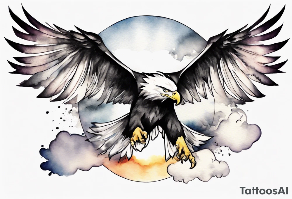 a shoulder tattoo with lots of rays of light in gradient starting from the middle
, clouds and eagles flying free tattoo idea
