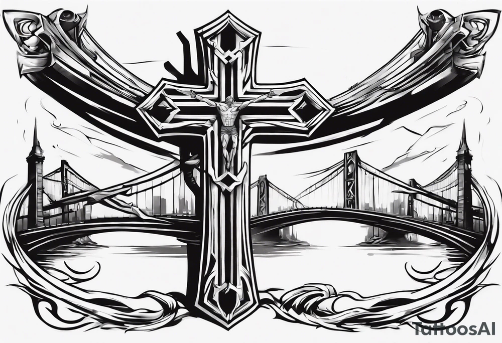 Inner bicep, stretched horizontally, bridge leading to a cross tattoo idea