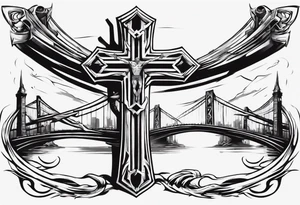 Inner bicep, stretched horizontally, bridge leading to a cross tattoo idea