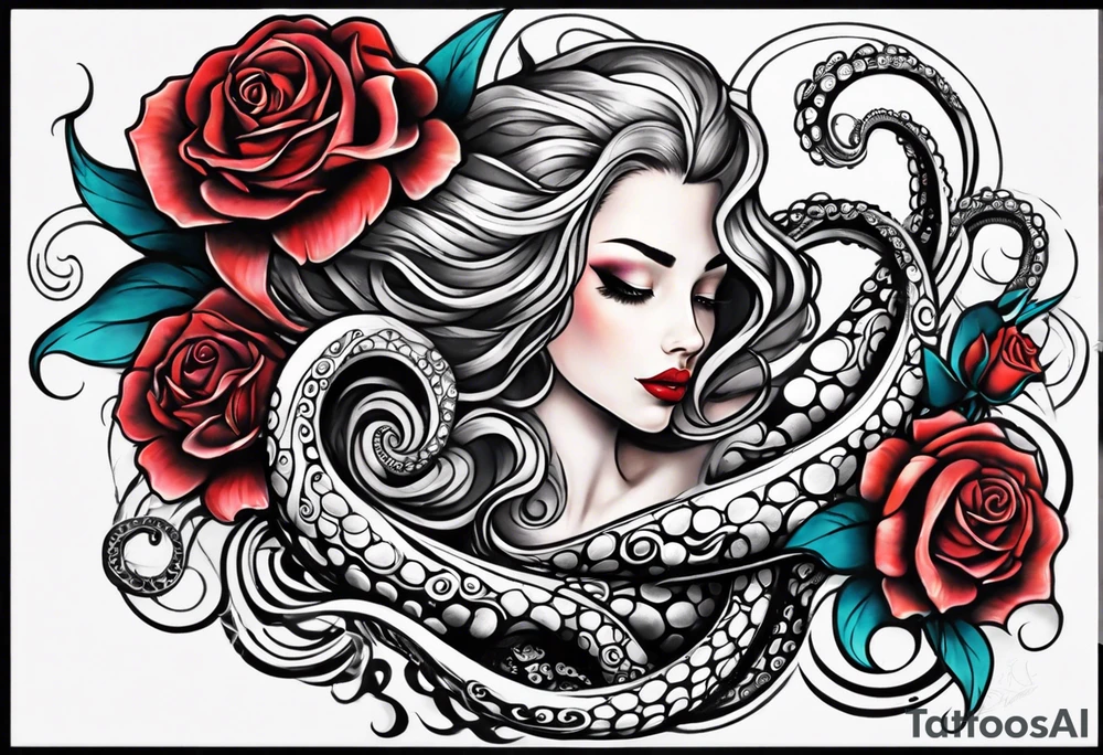 abstract gender-neutral Octopus Arm Sleeve tattoo with subtle facial features, a small rose, water swirls tattoo idea
