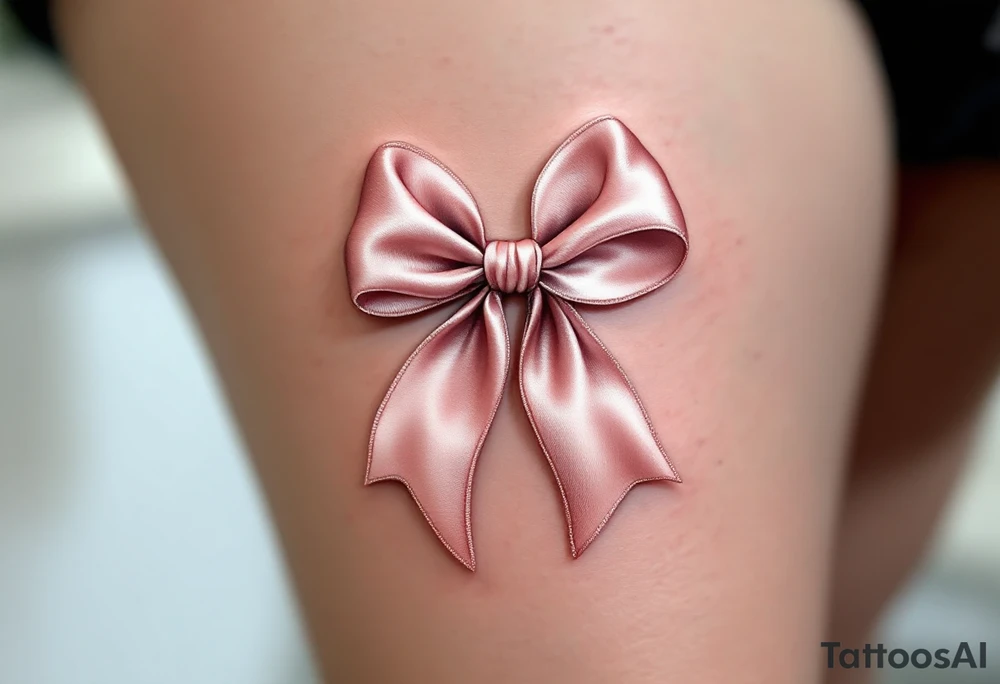An elegant satin bow tattoo, tied in a perfect knot with gracefully flowing tails, symbolizing unity and everlasting love. The bow is rendered in a soft blush pink with gentle highlights, creating a realistic silk-like sheen. Subtle shadows add depth, making the fabric appear delicately folded. The knot at the center is slightly darker, emphasizing its structure and strength. tattoo idea