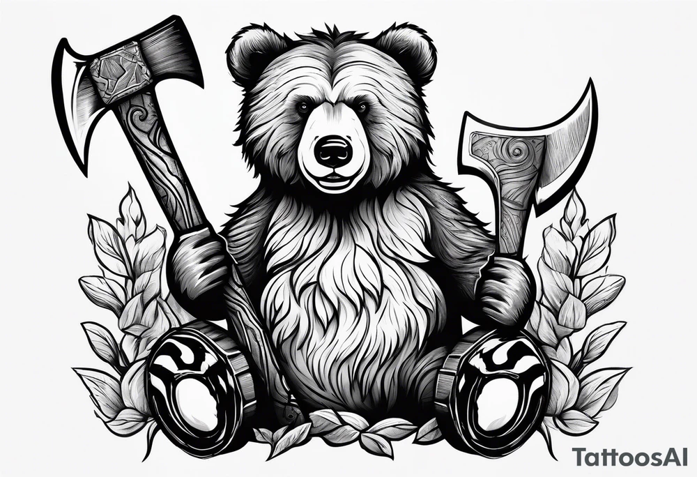 Half teddy bear and half grizzly bear holding a wood chopping ax tattoo idea