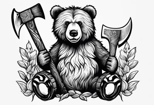 Half teddy bear and half grizzly bear holding a wood chopping ax tattoo idea