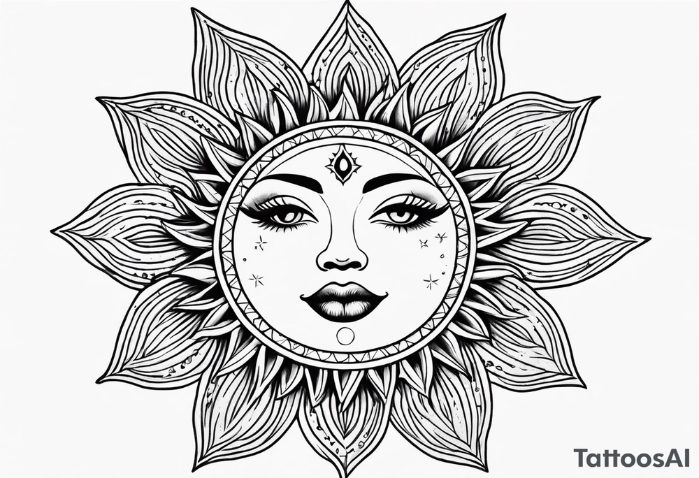 Small simple Traditional sun with feminine eyes and lips shading around edges tattoo idea