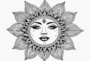 Small simple Traditional sun with feminine eyes and lips shading around edges tattoo idea