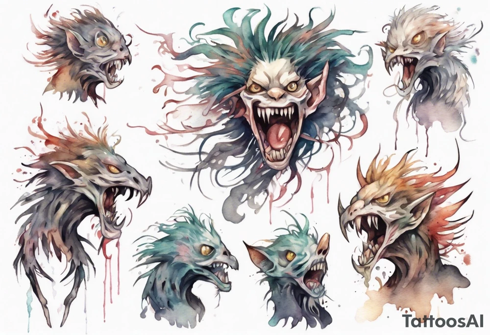 a thin creature walking upright with messy hair, white eyes, screaming tattoo idea