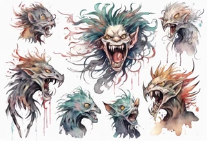 a thin creature walking upright with messy hair, white eyes, screaming tattoo idea