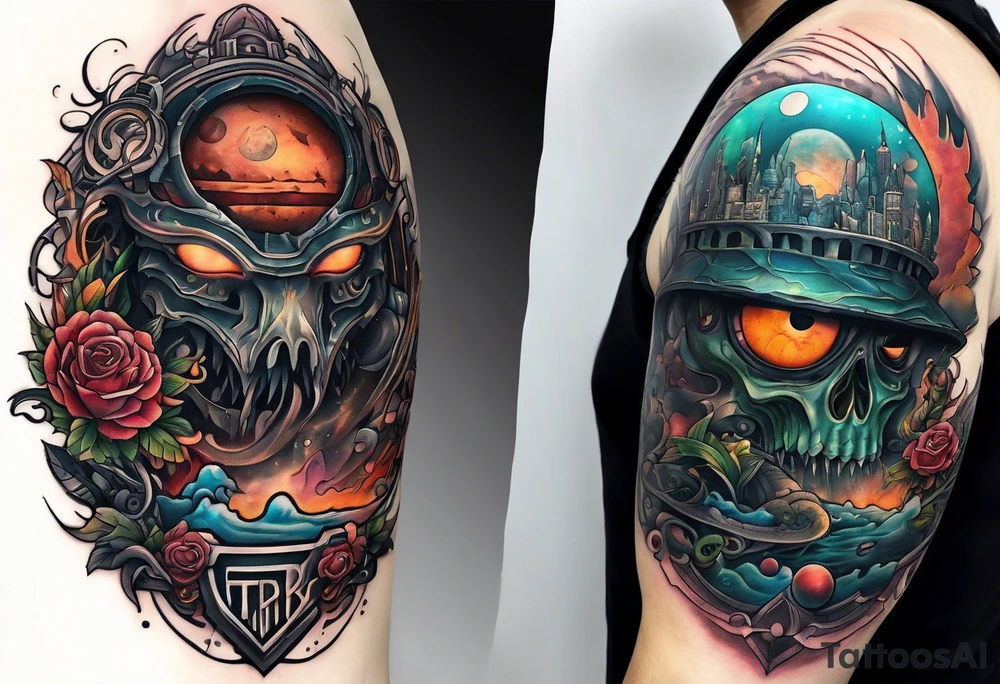 Planet,city,monsters. tattoo idea