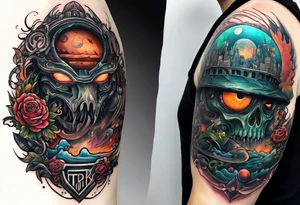 Planet,city,monsters. tattoo idea