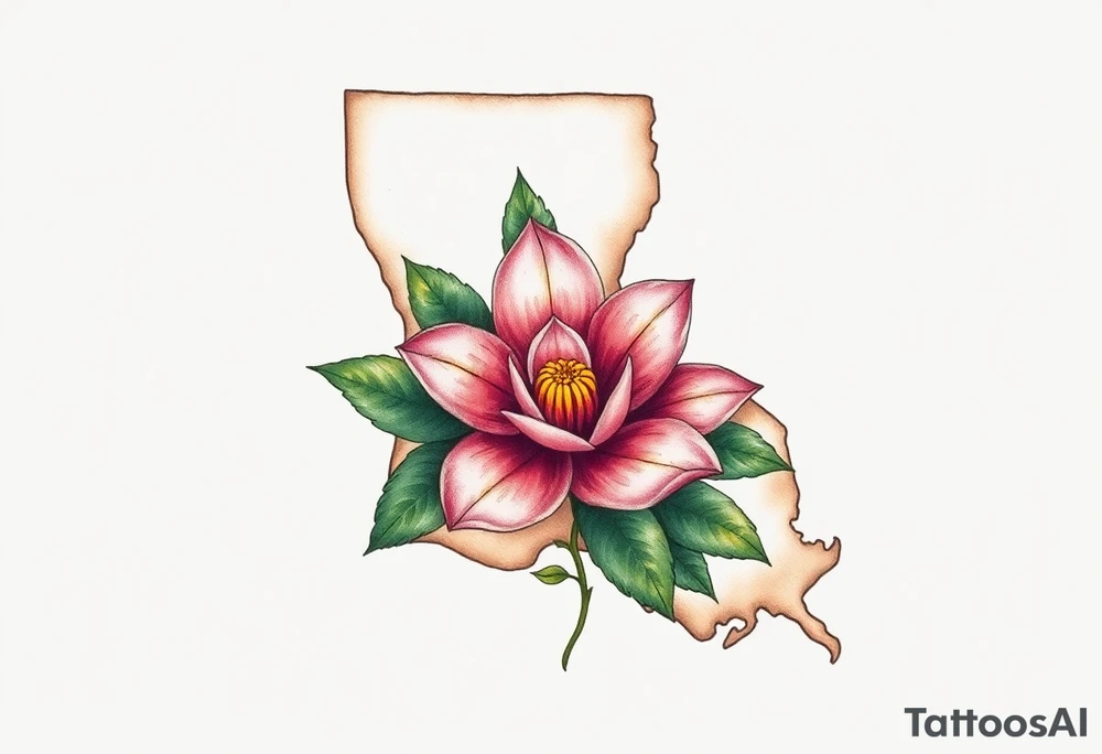 State or louisiana with magnolia flower in tooled leather tattoo idea