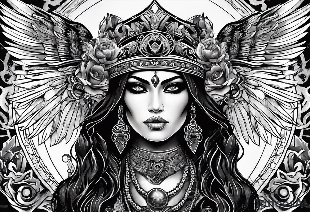 black kali, goddess pirate, alien, pachamama, valkrye, warrior, skull, lotus azul, wing, eagle, zenza resonance, stars, 5D tattoo idea
