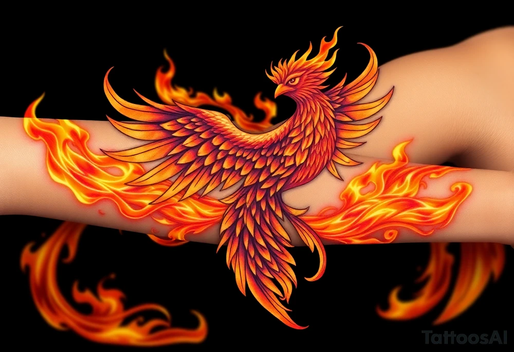 large fiery phoenix surrounded by fire. with a crown of fire flapping wings with a flaming tail tattoo idea
