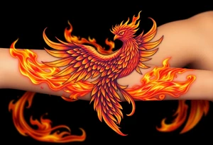 large fiery phoenix surrounded by fire. with a crown of fire flapping wings with a flaming tail tattoo idea