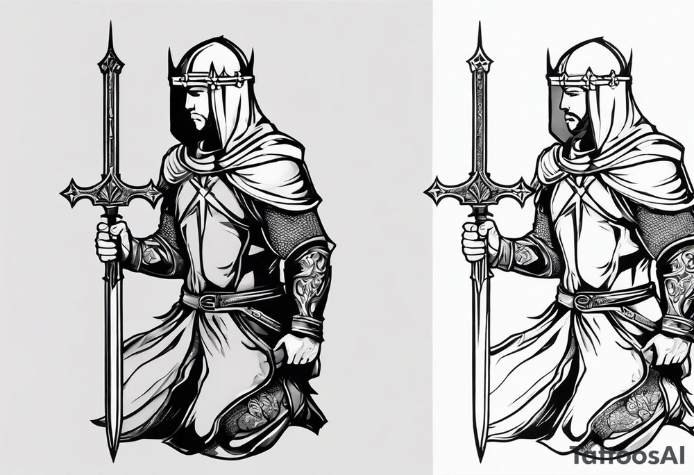 Crusader warrior holding a sword and wearing a cross on their armor, kneeling tattoo idea