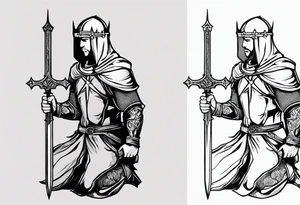 Crusader warrior holding a sword and wearing a cross on their armor, kneeling tattoo idea