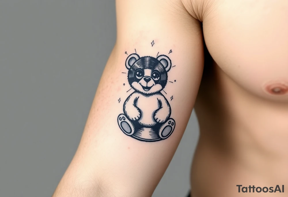 minimalist teddy bear with vinyl records as eyes smiling and sitting on a record tattoo idea