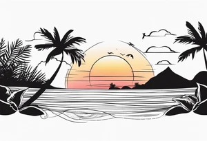 Small Tropical tattoo with hibiscus and sunrise that says explore in delicate script tattoo idea