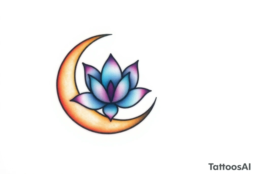 small colorful crescent moon with lotus flower tattoo idea