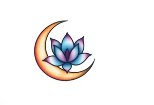 small colorful crescent moon with lotus flower tattoo idea