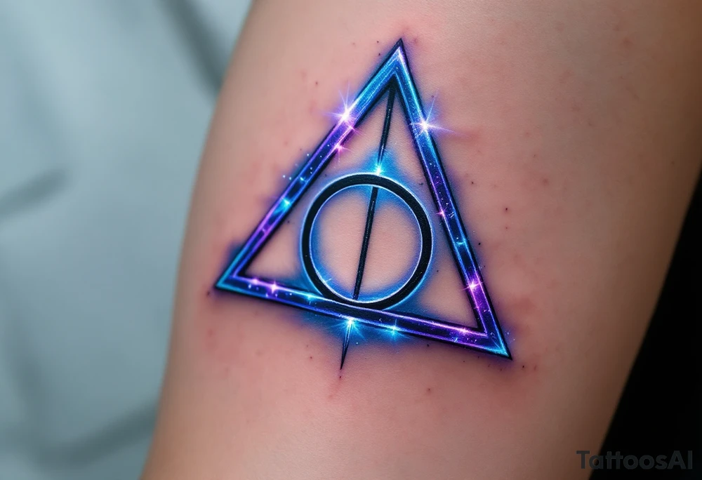 A detailed Deathly Hallows symbol (triangle, circle, and line) with a soft, glowing effect around it in deep blue and purple hues, giving it an ethereal and magical feel, symbolizing the power of the three legendary objects. tattoo idea