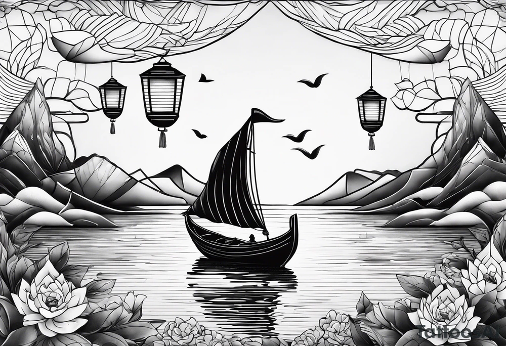 flying lantern festival with small boat tattoo idea