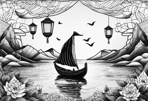 flying lantern festival with small boat tattoo idea