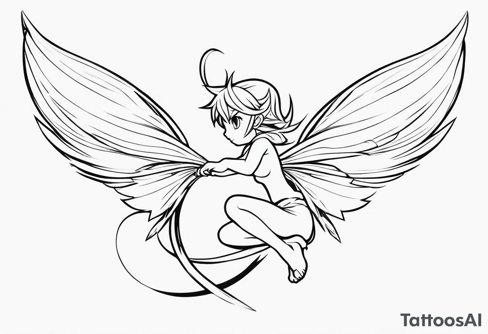 No color fairy with a tail inspired by the logo of the anime show called Fairy Tail in a fetal position leaning in and forward in the air flying tattoo idea