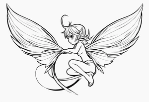 No color fairy with a tail inspired by the logo of the anime show called Fairy Tail in a fetal position leaning in and forward in the air flying tattoo idea
