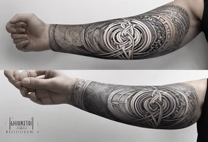 a tattoo for the forearm : a representation of the golden number, general relativity, Bohr’s model, a fractal and a symbol to represent the archangel Gabriel tattoo idea