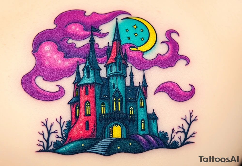 Tim Burton’s disney sleeping beauty’s haunted castle is abandoned and dripping with muted reds, dusty pinks, and eerie green glow.purple and cyan smokey clouds swirl in the crescent moonlit sky thats sprinkled with stars tattoo idea tattoo idea
