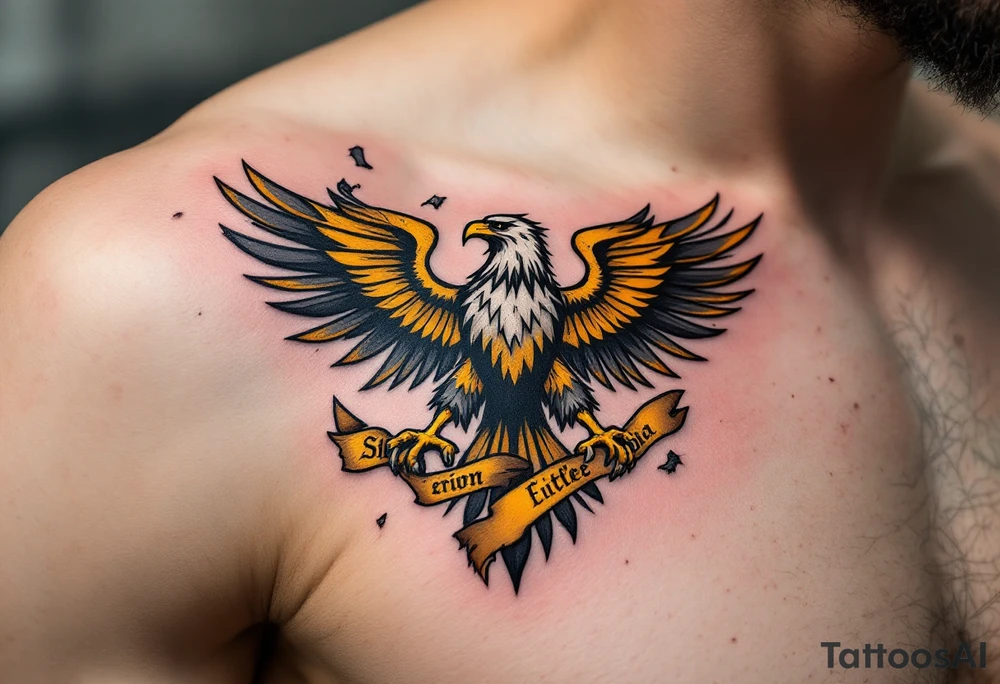 Battle-Worn Silesian Eagle with Torn Banners – A strong, battle-scarred eagle with ripped black and yellow banners flowing behind it, representing the resilience of Silesia. The eagle's claws clutch an old sword or a scroll with historical inscriptions, adding a storytelling element. tattoo idea