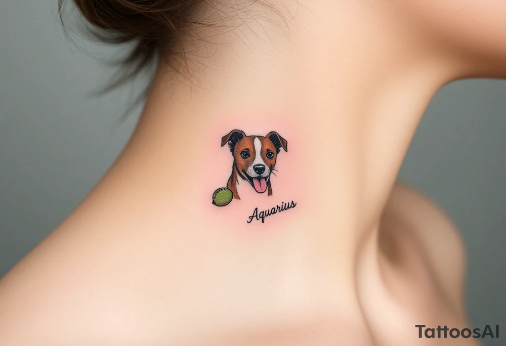 One line tattoo of female dog with white strip going up dog’s snout slightly off centered. With  toy and the dogs tongue slightly out and the name kiwi and an Aquarius them to it . Just the colors black  white brown and green tattoo idea