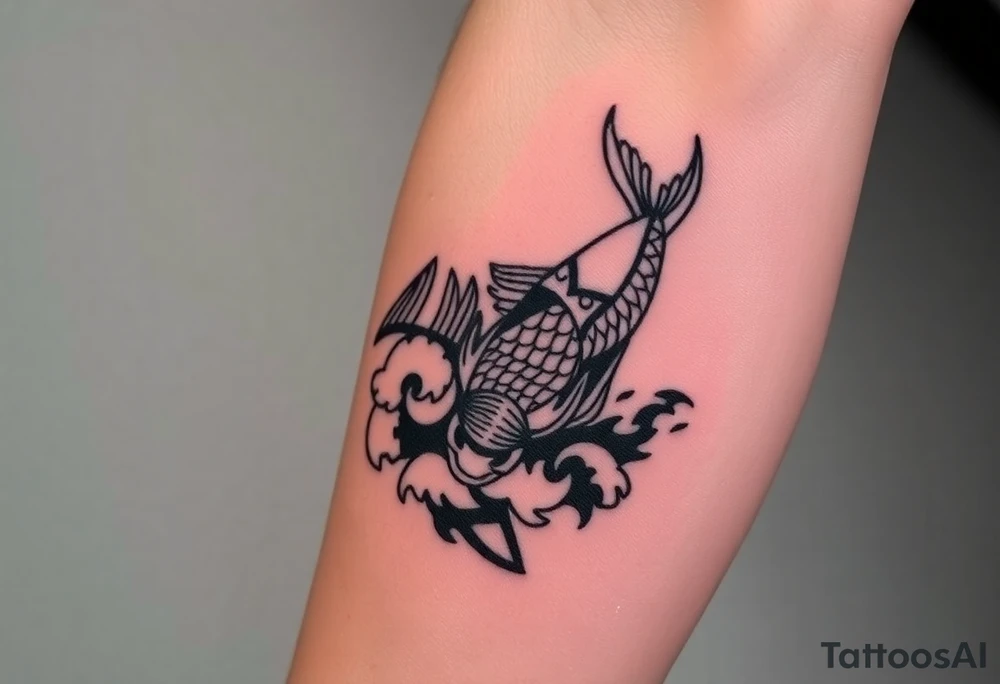 traditional koi fish swimming upstream through turbulent waves tattoo idea