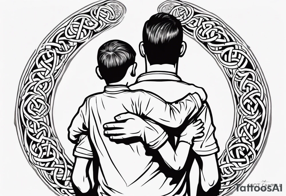 a father with his son on his shoulders from behind. A subtle design on their backs of celtic music. tattoo idea