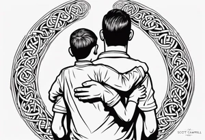 a father with his son on his shoulders from behind. A subtle design on their backs of celtic music. tattoo idea