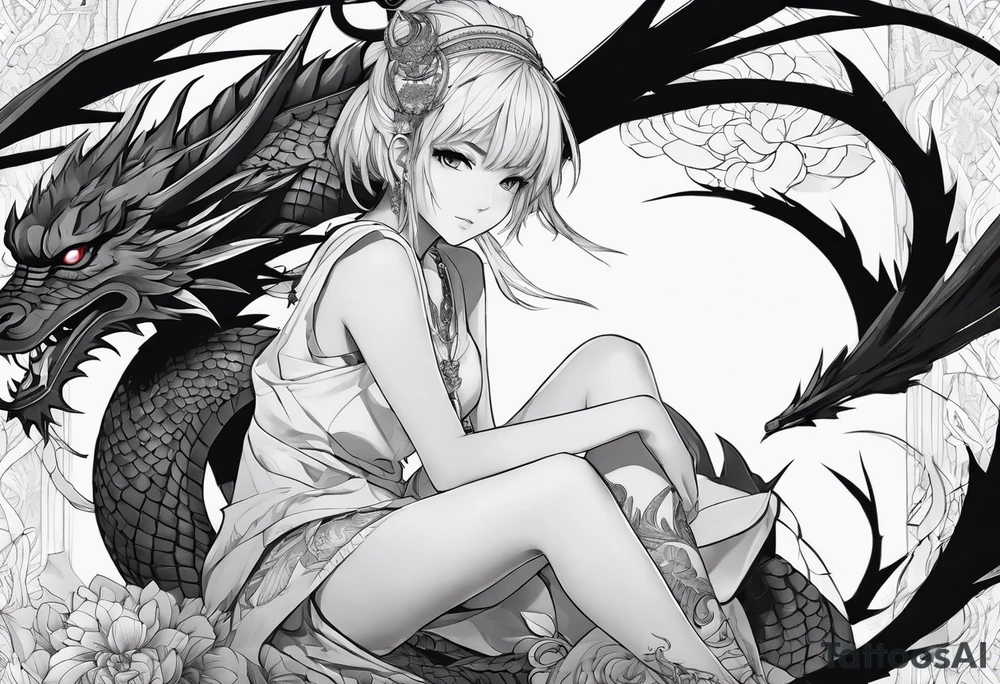a full shot of an anime girl seen from far, sitting on a ball and surrounded by asian dragon with wings tattoo idea