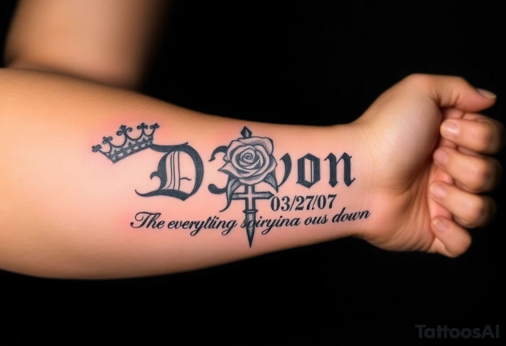 Name D3von with a crown and rose and cross and 03/27/07 with everything going down tattoo idea