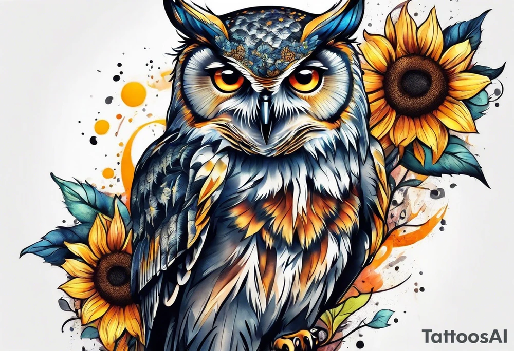 Owl with sunflowers leg sleeve tattoo idea