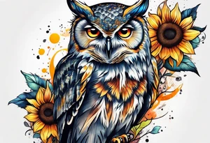 Owl with sunflowers leg sleeve tattoo idea