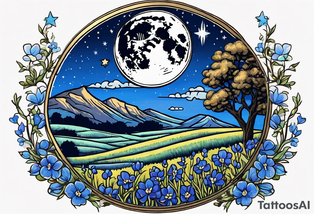 full moon with a lasso around it and stars in the background. Put the moon and stars over a field of bluebonnets tattoo idea