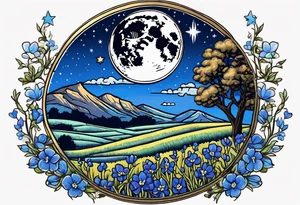 full moon with a lasso around it and stars in the background. Put the moon and stars over a field of bluebonnets tattoo idea