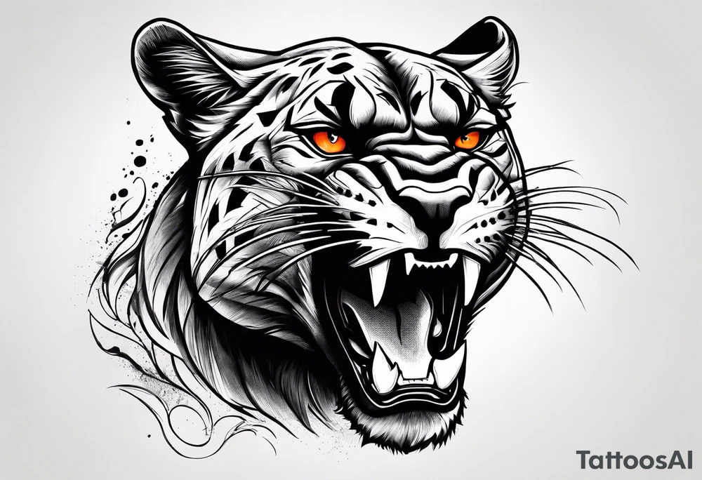 Slight side angle of Facial of an angry panther with red-orange eyes tattoo idea