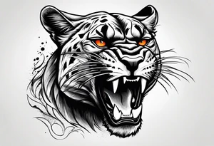 Slight side angle of Facial of an angry panther with red-orange eyes tattoo idea