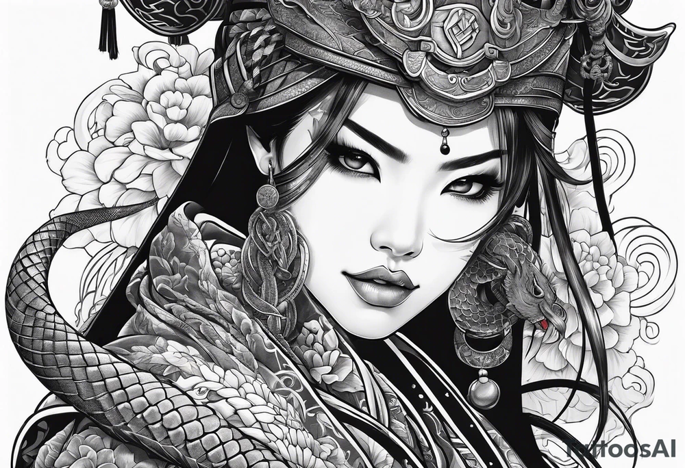 samurai girl with snake tongue tattoo idea
