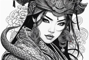 samurai girl with snake tongue tattoo idea