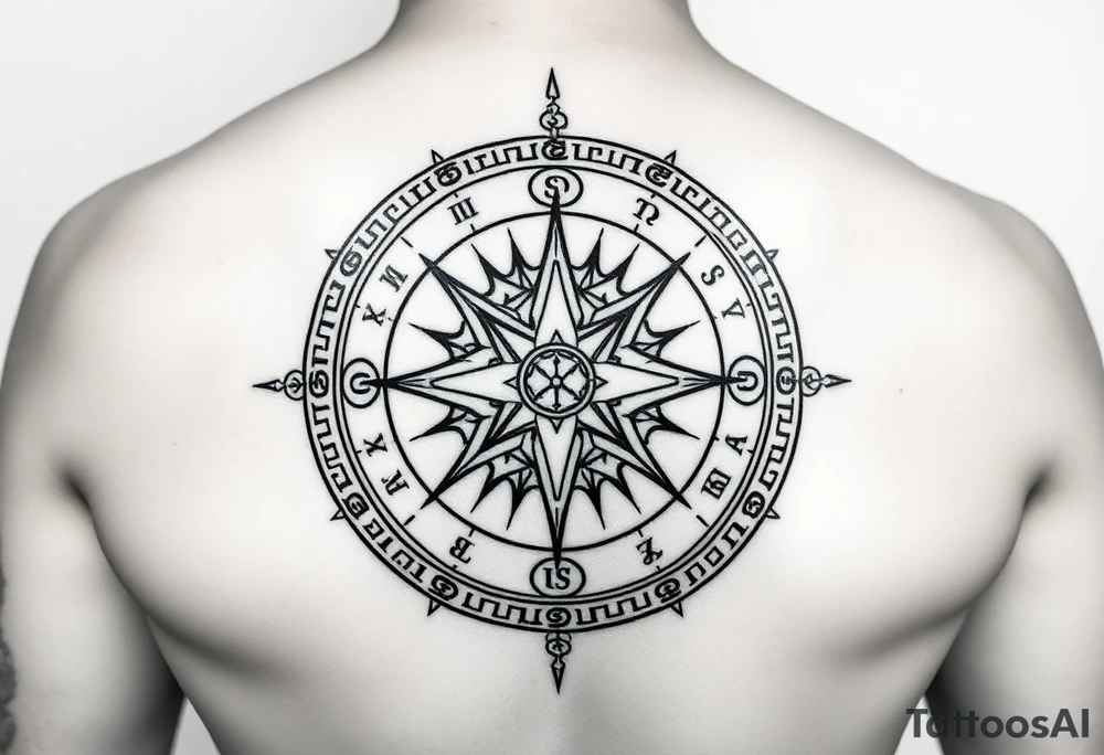 Create a line work Viking compass using symbols for protection, wisdom, and knowledge from both the Aztec and Viking cultures. Make the image very simple and able to print. Outline only not a lot of thick black use Elder Futhark runes for protection, wisdom and luck. tattoo idea